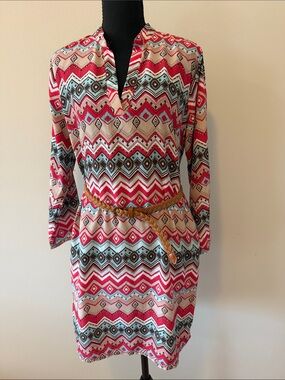 Boho Chevron Print Mini Dress in Pink and Cream